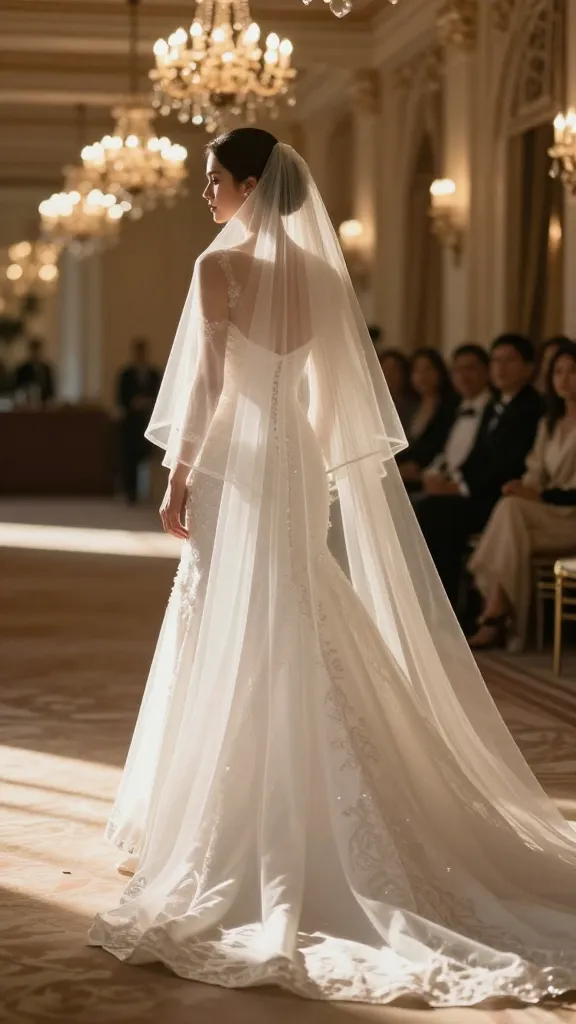 A bride wearing a dramatic cathedral veil cascading from a sleek updo, walking down a grand hotel aisle with a long, sweeping train visible behind her, photographed in golden-hour light with the chandeliers softly blurred in the background.
