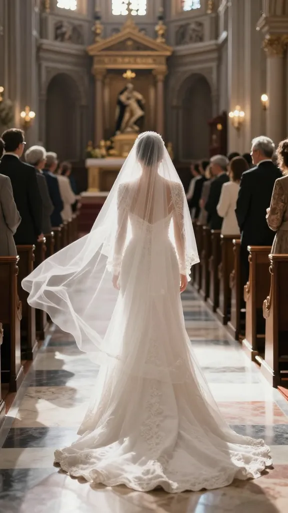 A ceremony scene in a sunlit cathedral or large ballroom, a bride mid-walk with a cathedral veil billowing behind her, long train trailing on marble floors, guests blurred in the background, cinematic depth of field.