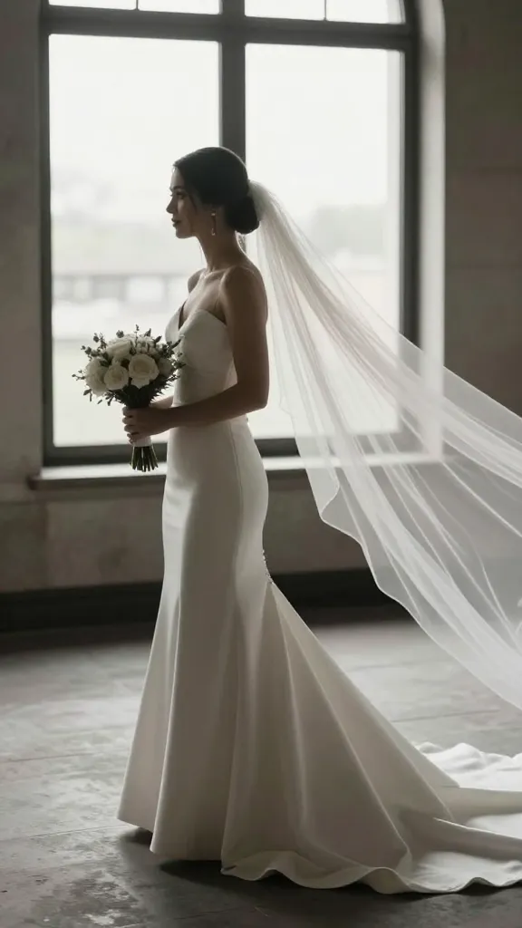 A candid moment of a bride stopping to pose mid-aisle, veil dramatically flowing to one side, the gown’s silhouette elongated, bouquet in hand, soft natural light through large windows.