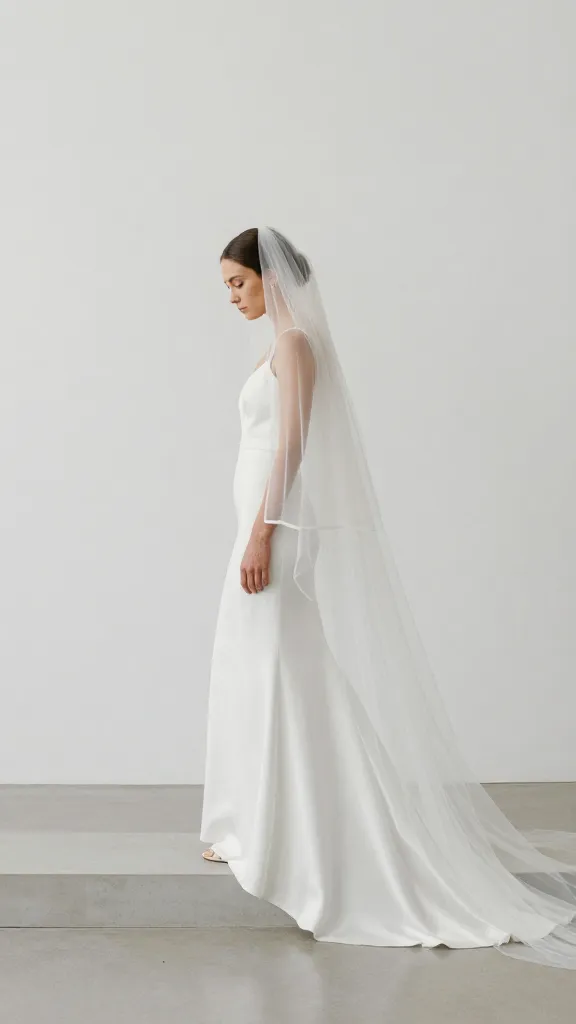 A stylish editorial shot: bride in minimalist gown with a simple cathedral veil, stark clean lines, modern venue, long veil creating a strong vertical line as she steps onto a riser or platform.