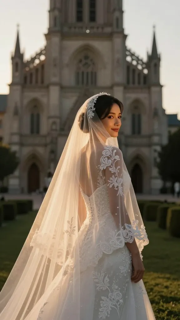 An outdoor wedding setting at夕 or dusk, cathedral veil catching the last rays of sun, veil’s edge illuminated with delicate embroidery, bride looking over her shoulder with a serene smile.