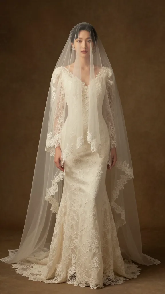 A vintage-inspired bridal portrait: cathedral veil over a softly textured gown with vintage lace details, studio backdrop with warm tones, elegant posing showing the veil’s length against a traditional backdrop.