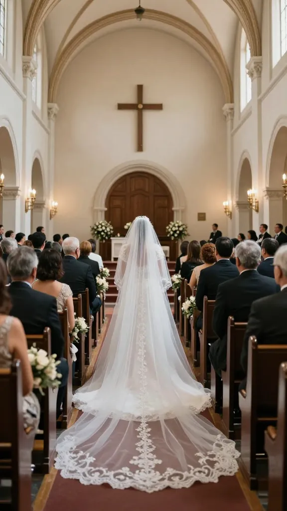 A wide-angle shot of a ceremony space from behind the bride, cathedral veil dramatically trailing across the aisle, guests seated, space emphasizing scale and drama, subtle bouquet peek in the foreground.