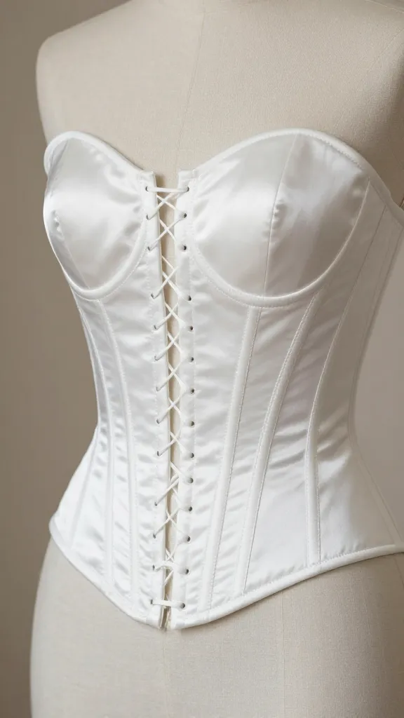 A close-up shot of a bridal corset bodice with visible boning and delicate lacing, showcased on a mannequin with an elegant satin finish and subtle architectural seams.