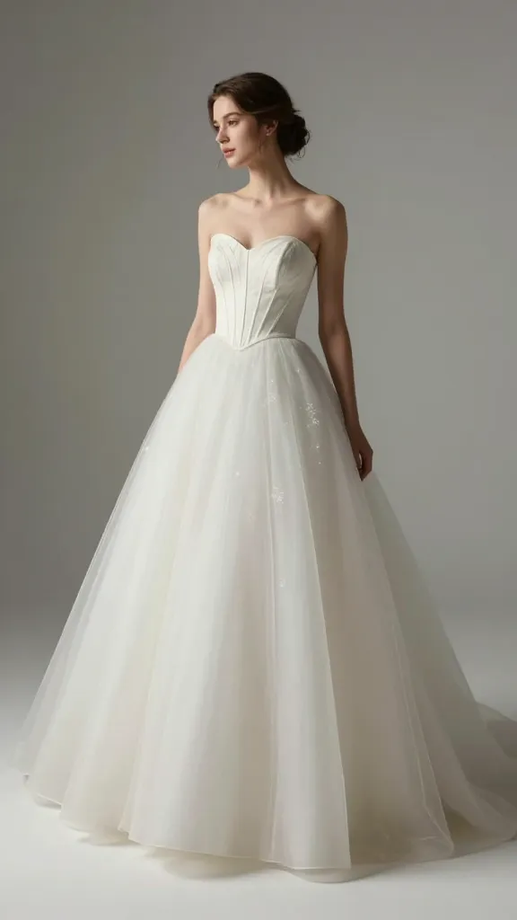 A bride wearing a wedding dress with a corset top and an A-line skirt, standing in a softly lit studio, waist cinched, skirt scattering light as she turns gracefully.