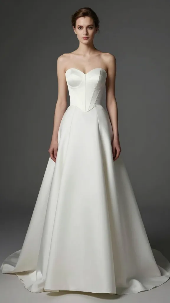 Full bridal portrait highlighting a defined waist and lifted bust from the corset, with the A-line skirt flowing gently to create an unobtrusive, elongating silhouette.