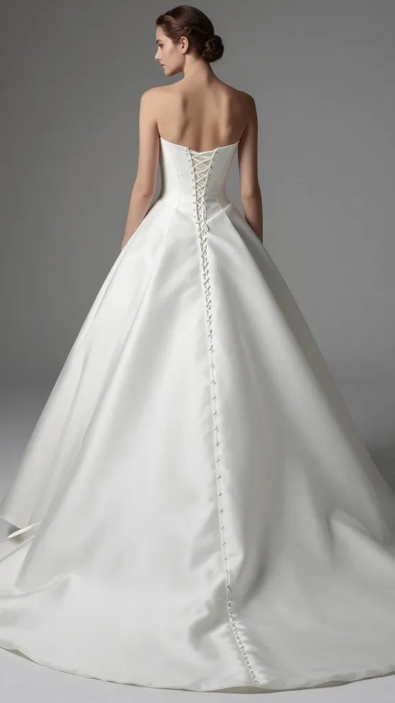 Editorial-style shot of the back of a wedding dress corset, showing intricate lacing, boning hints, and a long flowing train of the A-line skirt.