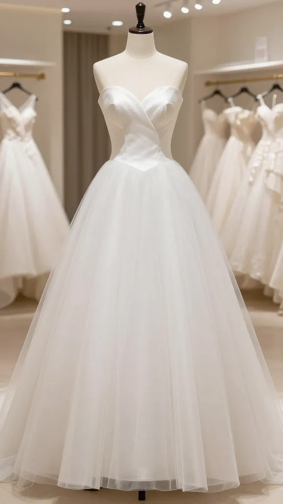 A wedding dress display on a dress form in a boutique, focusing on the seamless transition between corset bodice and tulle-silk A-line skirt, with soft salon lighting.