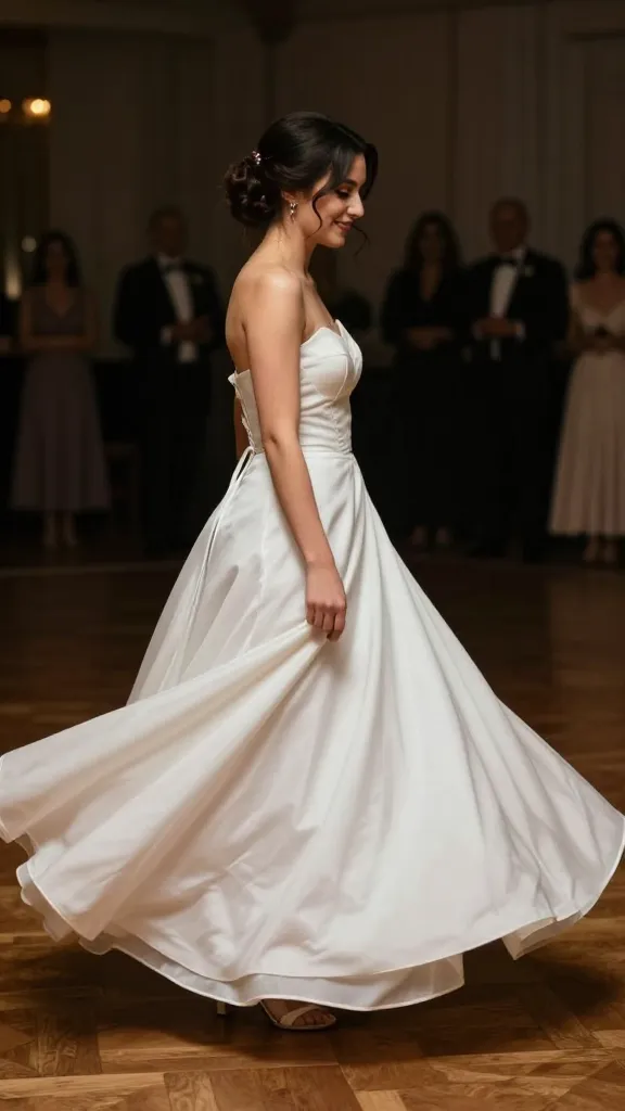 A candid moment of a bride on a dance floor, wearing a corset A-line gown, the skirt skimming the floor as she twirls, capturing movement and elegance.