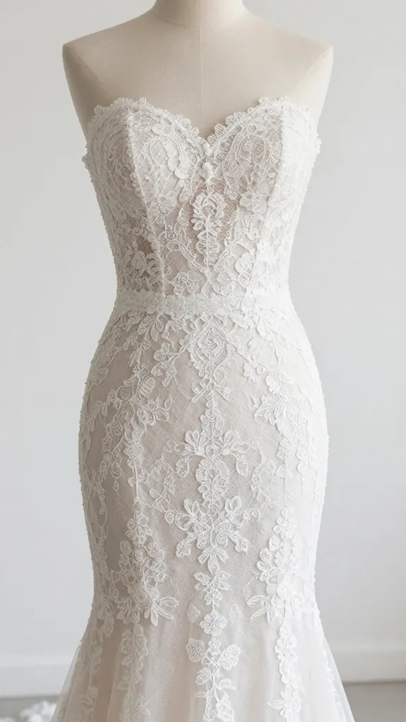 A bridal portraits close-up of a lace bodycon wedding dress on a minimalist white backdrop, focusing on intricate Venise lace detailing with a flattering, curve-skimming silhouette and soft natural lighting.