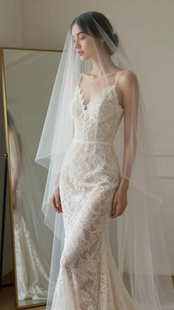 A bridal studio scene showing a model wearing a Chantilly lace bodycon dress, standing by a full-length mirror with delicate tulle veil, capturing ethereal, romantic vibes and subtle glow on the skin.