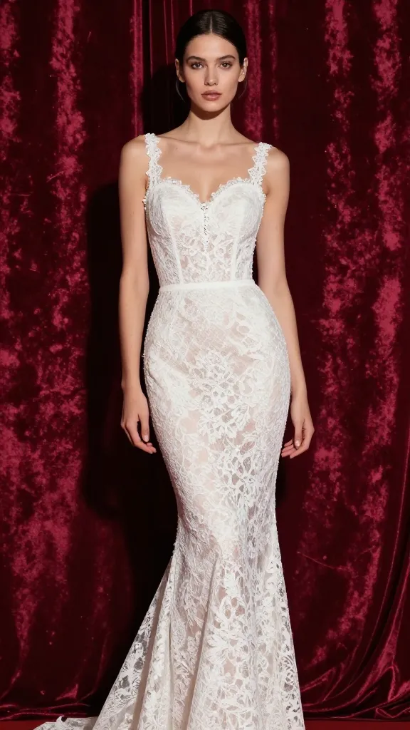 A dramatic runway-style shot of a modern bride in a Guipure lace bodycon dress, posed against a velvet backdrop with bold lighting to emphasize the dress’s heavy, statement-making texture.