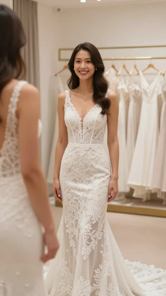 A candid moment of a bride-to-be trying on a stretch lace option in a boutique, smiling in a softly lit fitting room with neutral tones and a focus on comfort and fit.