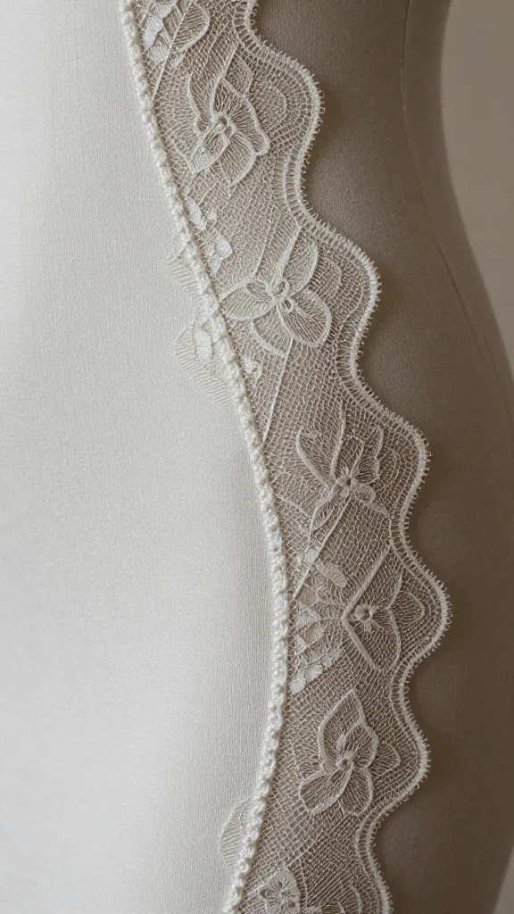A close-up macro shot of Chantilly lace edges on a bodycon silhouette, showing delicate floral patterns, fine threadwork, and subtle shimmer under diffused studio lighting.
