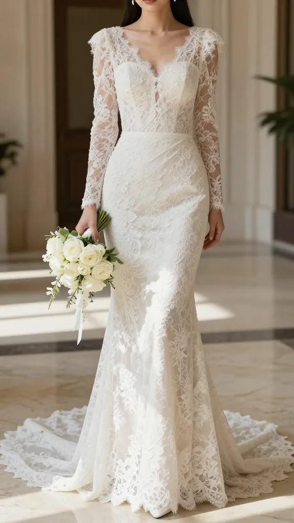 A full-length ribbon-draped bridal scene: bride wearing a lace bodycon dress with a chic bouquet in hand, standing on a marble foyer with natural daylight and elegant, timeless ambiance.