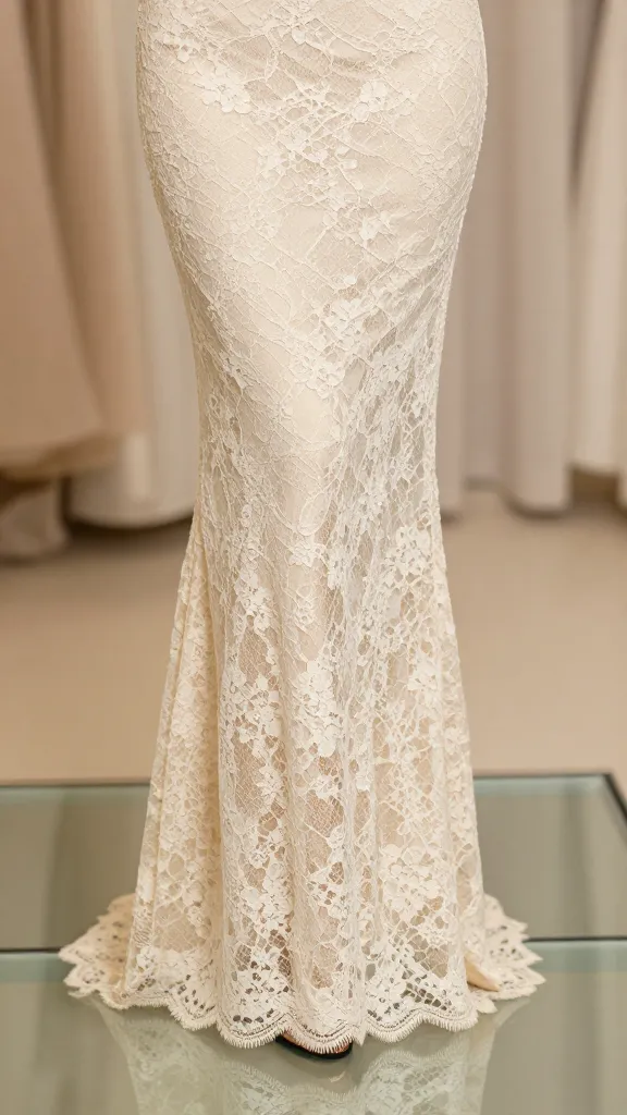 An editorial detail shot: a lace bodycon dress hemline sweeping a glass-turface floor, highlighting texture contrast between lace, lining, and smooth fabric, with a soft-focus background and warm tones.