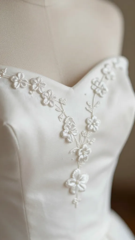 A close-up macro shot of delicate floral embroidery on ivory satin, featuring tiny French knots and subtle white-on-white threadwork forming tiny blossoms along the bodice edge, soft natural lighting, blurred bridal background.