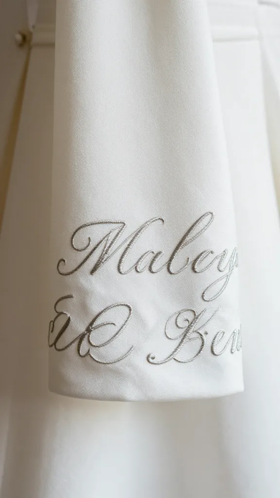 An elegant wedding dress sleeve with cursive embroidery of family initials in a metallic silver thread, looping around the cuff with airy negative space, photographed from slightly above to highlight texture.