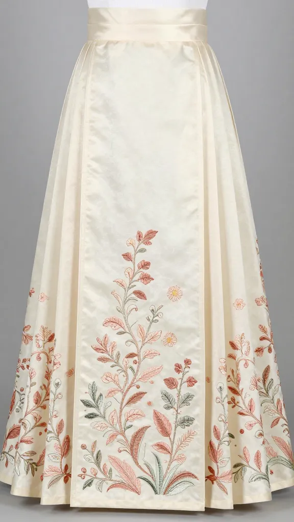 A full-skirt view showing a sweeping train adorned with intricate botanical embroidery—lush vines, leaves, and small blossoms meandering from hip to hem in pale cream and blush tones, on a matte satin fabric.