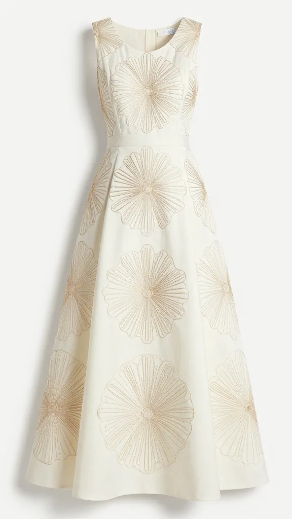 An architectural, bold embroidery motif on a modern minimalist gown—geometric floral pattern using satin stitch and outlined shapes in ivory and champagne threads, set against a smooth crepe backdrop.