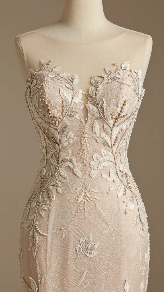 A romantic scene of embroidered foliage along a sheer illusion neckline, with fine branching vines and tiny seed pearls resembling dewdrops, on a sheath gown with lace-inspired transparency.