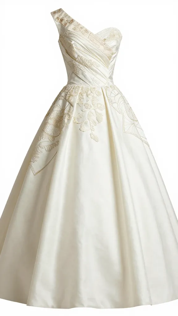 A studio shot of mixed embroidery textures on a princess-seamed gown: combination of matte satin embroidery and slight metallic thread, showcasing layering techniques like couching and running stitch on a softly draped skirt.