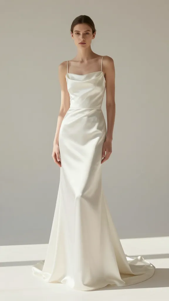 A minimalist bridal gown on a sunlit, airy studio set: a sleek column silhouette in ivory silk duchess satin, clean lines, no embellishments, soft natural makeup on the model, subtle shadows emphasizing the fabric’s drape, empty backdrop for a timeless magazine cover vibe.
