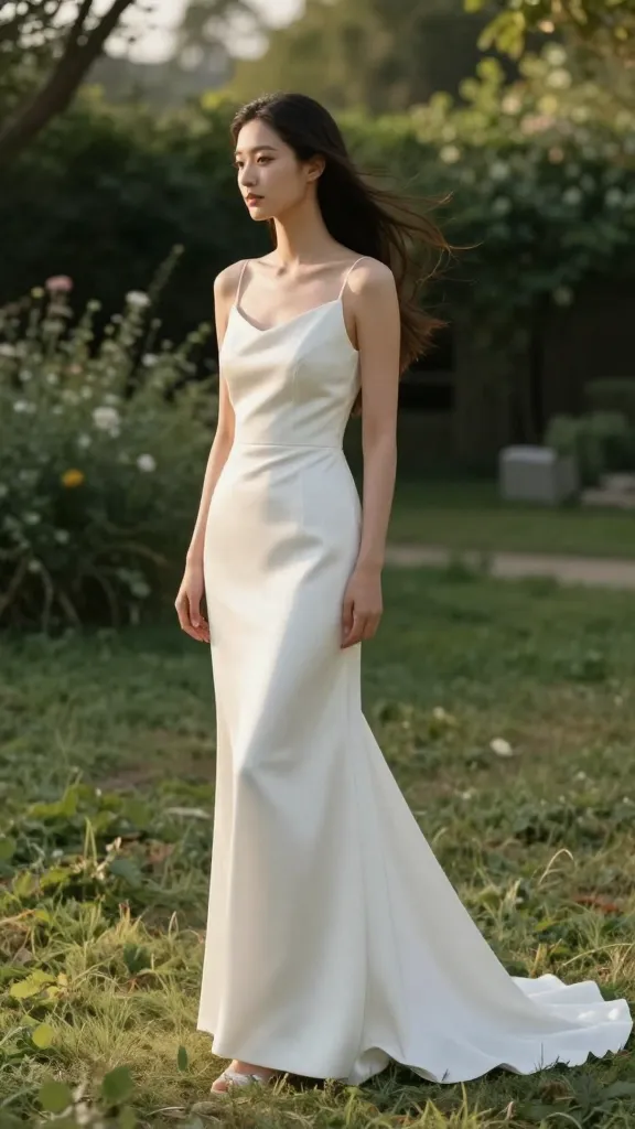 Full-length shot of a bride in a simple, elegant gown with a quiet train that barely brushes the floor, in a windswept outdoor garden at golden hour, minimal jewelry, natural makeup, focus on the gown’s silhouette against greenery.
