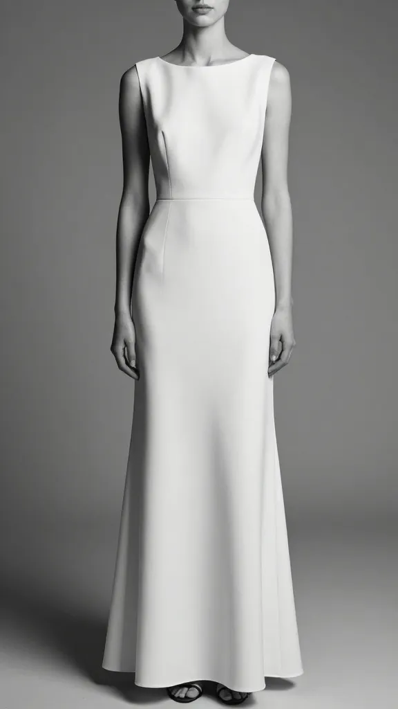 A backstage style portrait of a model wearing a restrained gown with no embellishments, luxe crepe fabric, clean straight skirt, crisp seam lines, soft studio lighting, monochrome color grading for timelessness.