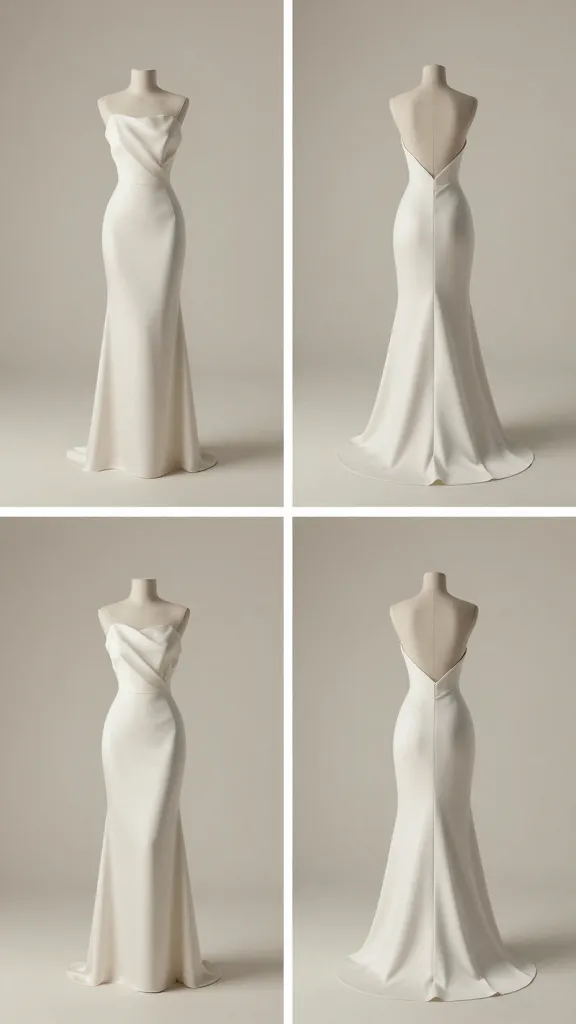 A fashion editorial panel spread featuring three views: a column silhouette from the front, a side profile showing the gown’s graceful drape, and a back view with a smooth, uninterrupted line, neutral backdrop, no text or overlays.