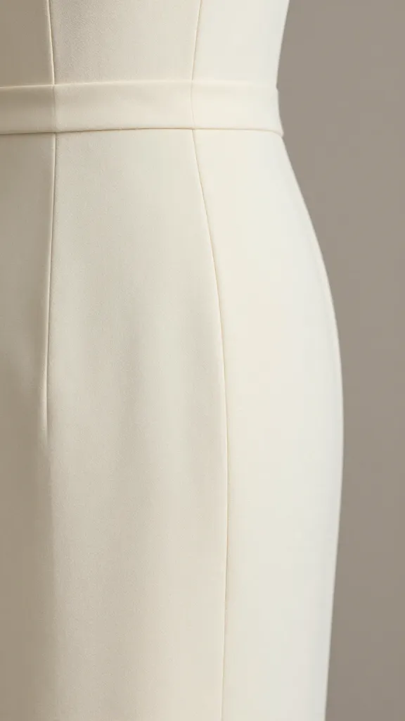 Detail shot of a single, refined seam running down the side of a sheath dress in ivory fabric, macro close-up with shallow depth of field, muted background, showcasing precision tailoring and clean finishing.