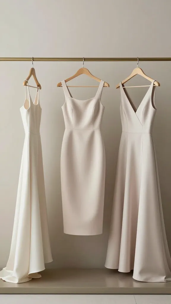 A modern studio mood board image: three gowns in different silhouettes (column, sheath, and a subtle A-line) arranged on color-coordinated racks, lighting that emphasizes fabric texture and minimal embellishment, no accessories, neutral palette.