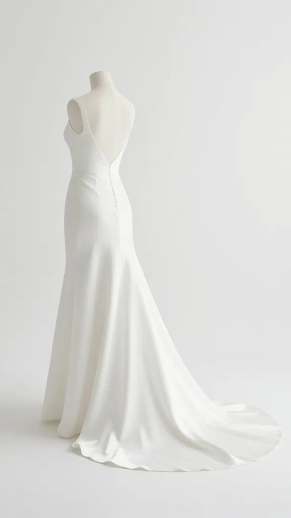 A minimalist wedding dress with a long, wispy train on a clean white studio backdrop, soft natural lighting, focus on clean lines and subtle silhouette without embellishments.