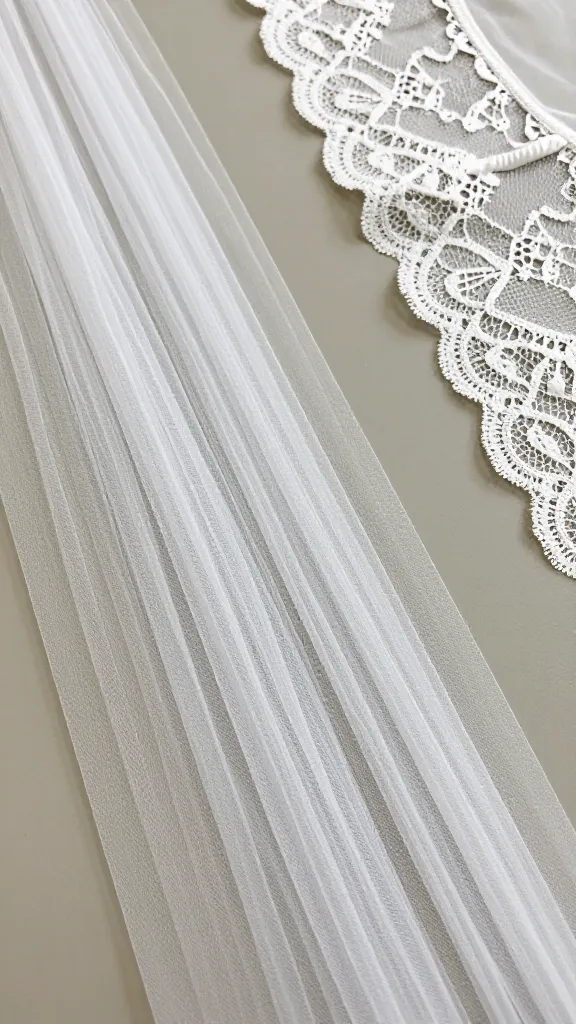 Close-up of edge-to-edge long train made of tulle, delicate volume, behind-the-scenes fabric swatches (tulle, Chantilly lace, satin) laid out, neutral background, soft shadows.