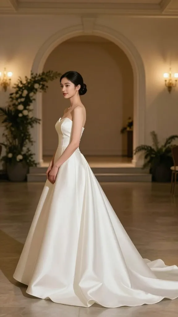 Side view of a bride in a satin or mikado gown with a long, structured train, modern simple silhouette, gentle pose, warm ambient light, empty ceremony arch in the distance.