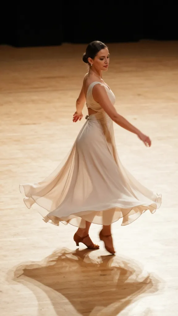 A flowing chiffon dress with a long train gliding across a sunlit dance floor, minimal jewelry, relaxed candid pose as if mid-boogie, soft motion blur to convey movement.