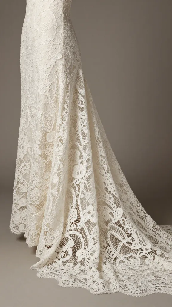 Studio shot of a long lace-trimmed train featuring Chantilly lace, intricate texture close-up on the lace pattern, muted background to highlight detail.