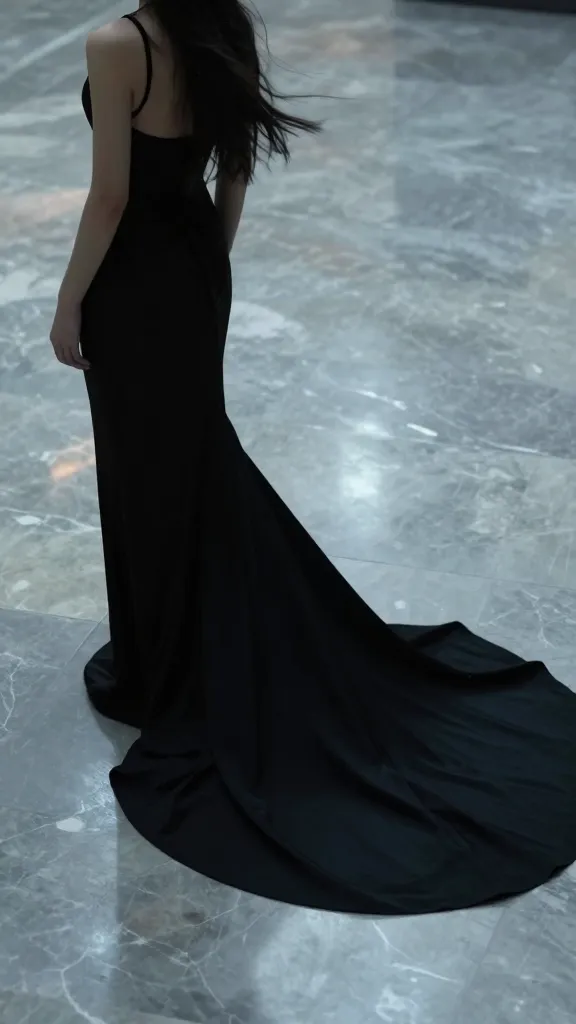 A dress with a long, gravity-defying train on a reflective marble floor, dramatic yet effortless vibe, subtle breeze suggesting movement, cool-toned lighting.