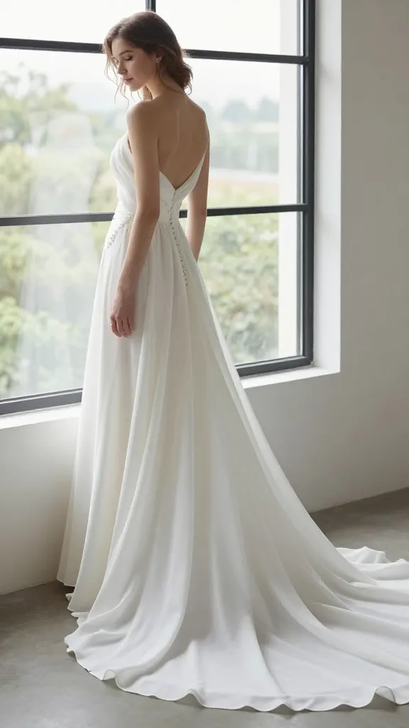 A wedding dress in draped chiffon with a long, airy train, natural daylight from a large window, relaxed posing, emphasis on drape and flow over structure.