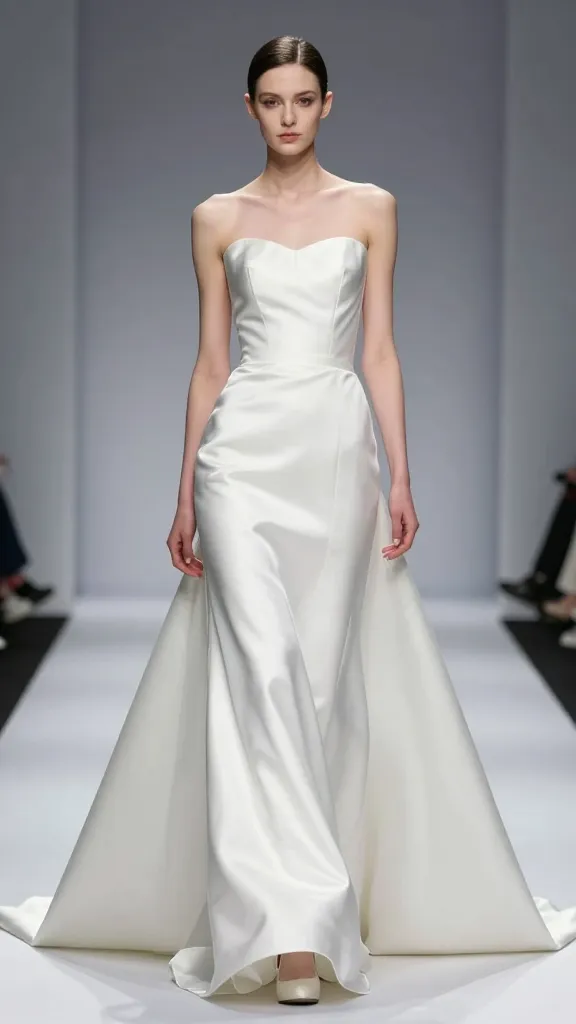 A minimalist, plain white satin wedding gown on a runway-style pose with soft studio lighting, emphasizing the gown’s glossy sheen and clean lines, no text, neutral backdrop.
