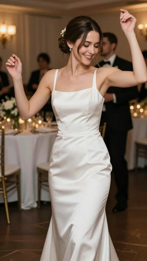 A bride wearing a plain white satin dress dancing at a reception, warm ambient lighting, bouquet out of focus in the background, showcasing comfort and movement.