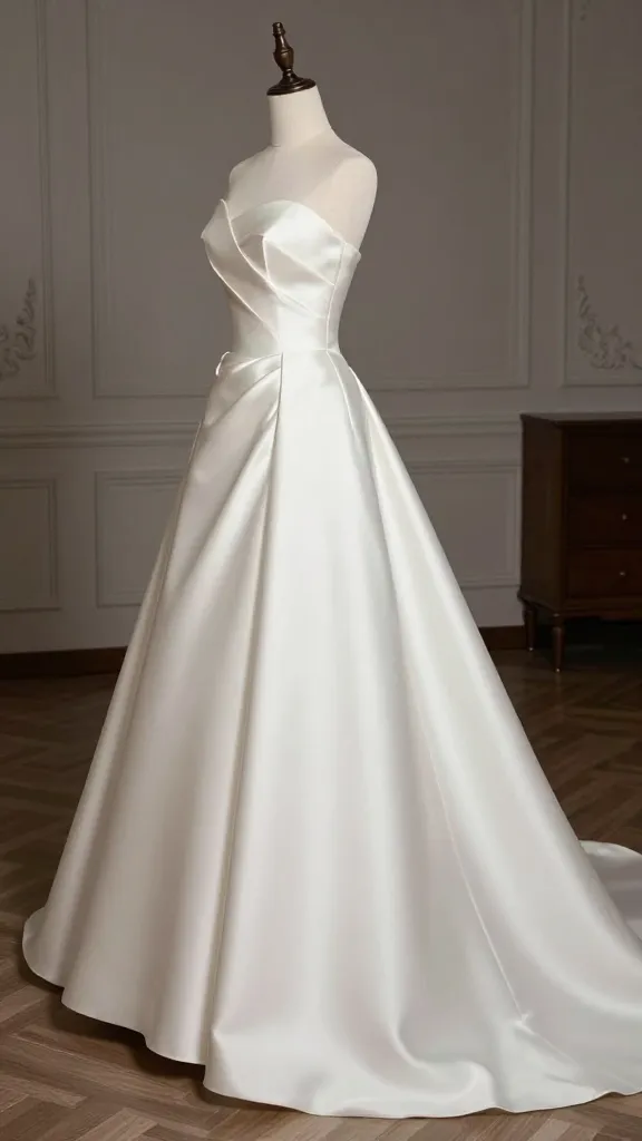 Side-profile view of the gown demonstrating its drape: heavyweight satin creating a regal, structured silhouette, against an elegant venue interior with muted colors.