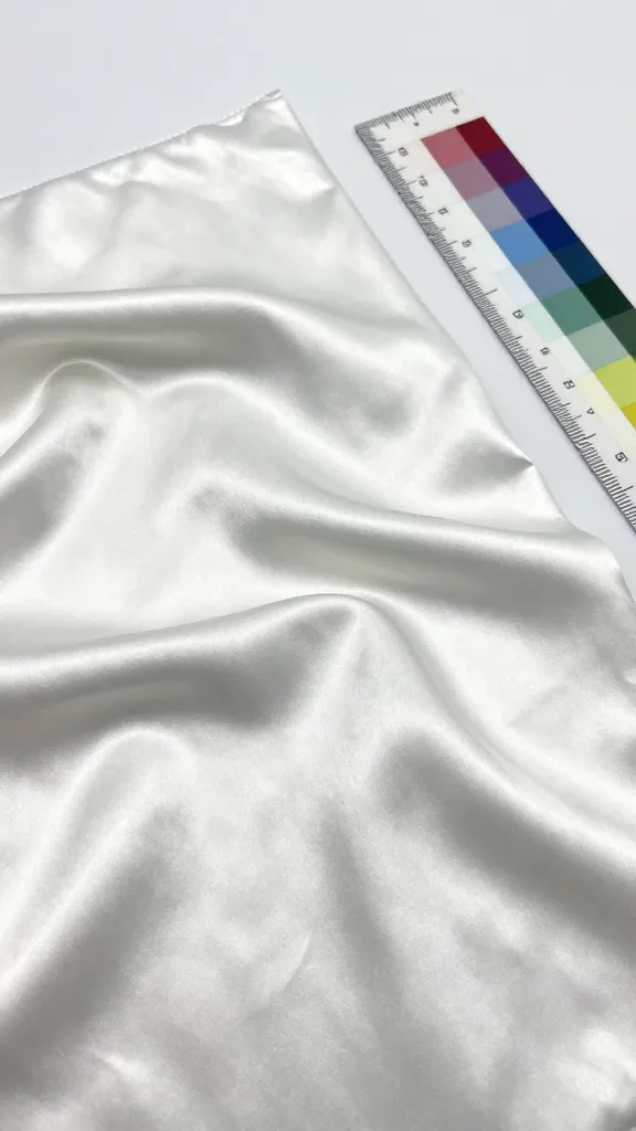A comparison scene: two satin swatches (one high-gloss smooth, one softly textured) laid on a clean surface with a color guide and a ruler for scale, no text.