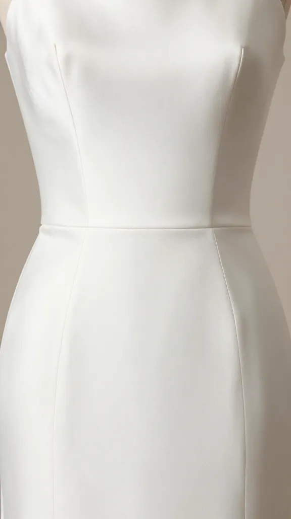 Close-up of the gown’s bodice and waistline highlighting a clean, streamlined design with no embellishments, gentle shadows to emphasize shape and shine.
