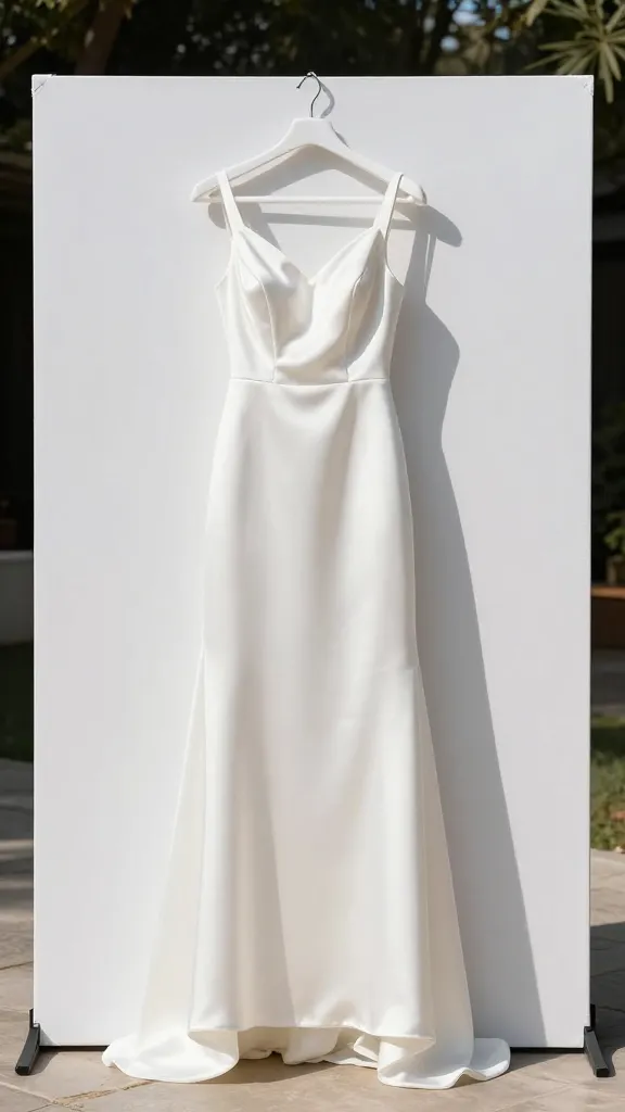 An outdoor ceremony backdrop with a plain white satin gown on a stand or hanger, natural daylight showing how the dress catches light in bright conditions, minimal props.