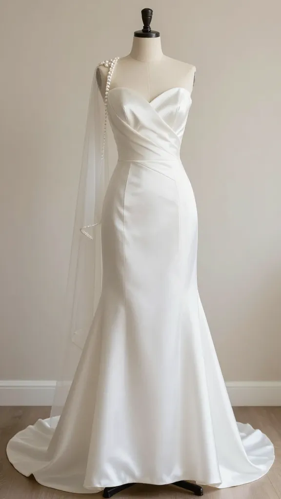 A stylist’s setup: a plain white satin gown draped over a dress form, with a few carefully chosen accessories (veiled shawl, pearl earrings) arranged nearby, but the gown remains the focal point, no text.