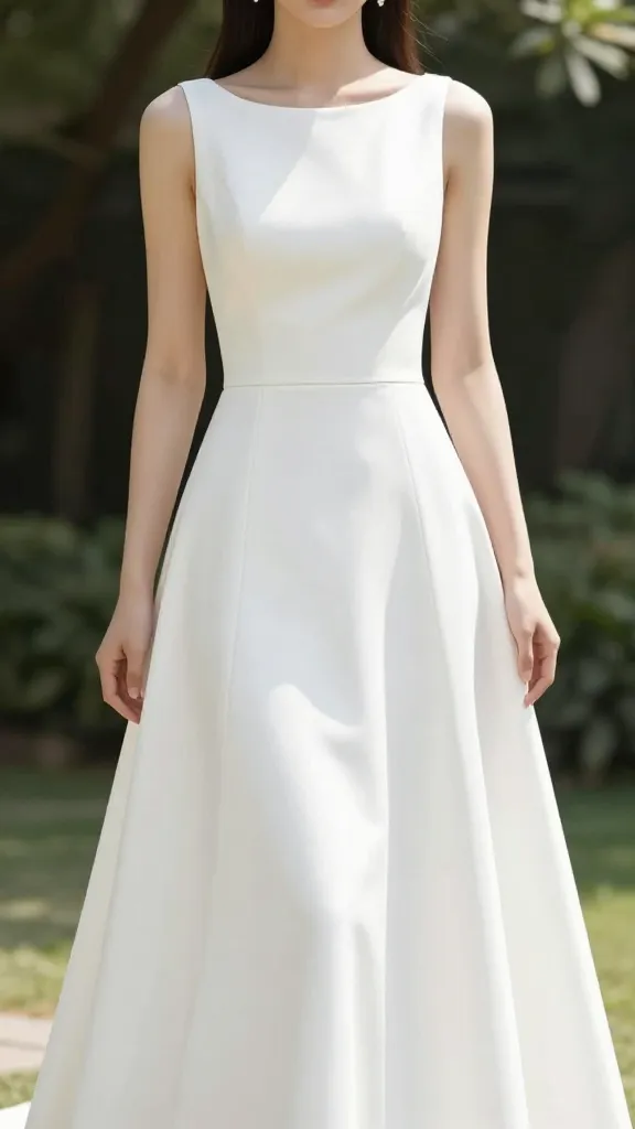 A pristine white, sleeveless A-line wedding dress with clean, uninterrupted lines, photographed in bright natural light against a soft outdoor garden backdrop, minimal jewelry, no lace, focus on silhouette and movement.