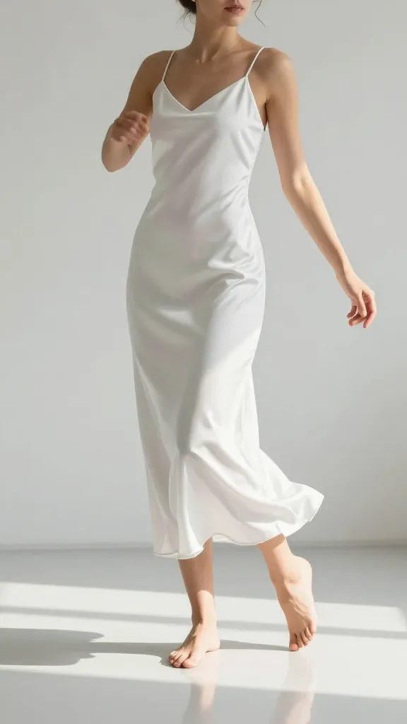 A sleek white slip dress, modern and minimal, photographed in a sunlit studio with a glossy floor reflection, subtle silk texture, model dancing to showcase ease of movement, no accessories, no lace.