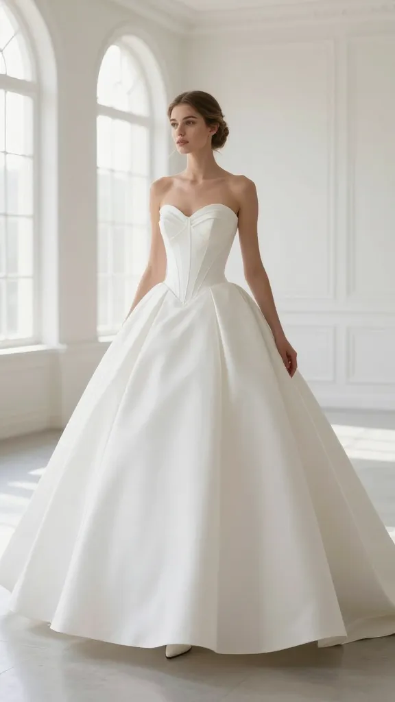 A dramatic white ballgown with structured bodice and voluminous skirt, captured in a bright venue with ample natural light, emphasis on fairy-tale grandeur without frills or lace, model posed mid-step to convey motion.