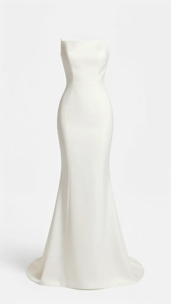 A chic column wedding dress with tailored silhouette and subtle architectural lines, photographed against a clean white backdrop with high-key lighting, minimal jewelry, no lace, emphasis on sculptural shape.